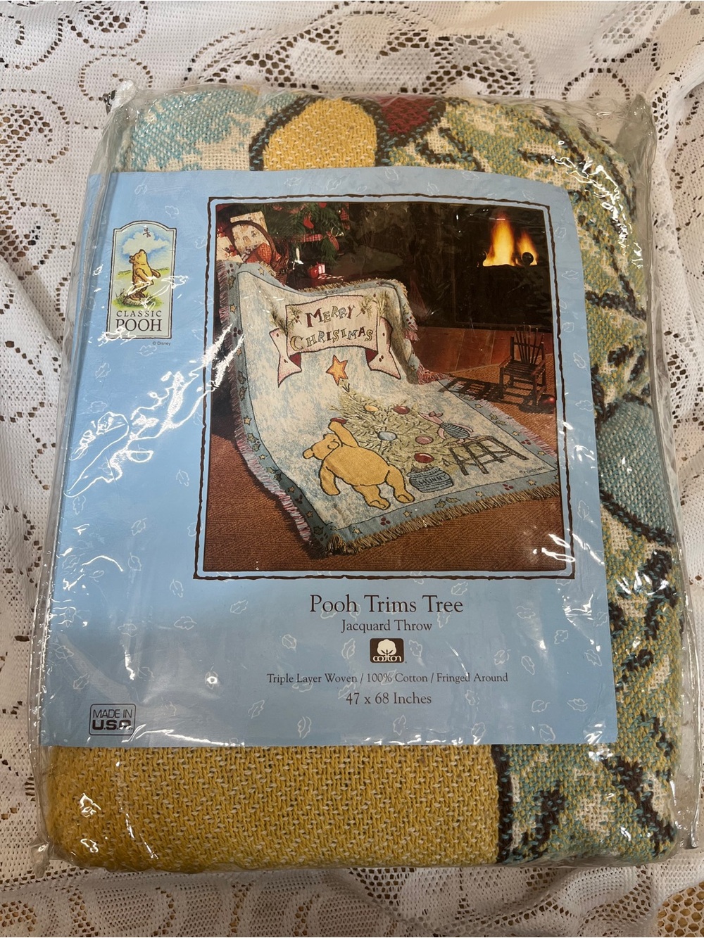 Classic Pooh‎ Trims Tree Jacquard Throw Blanket Christmas Woven 47x68 New